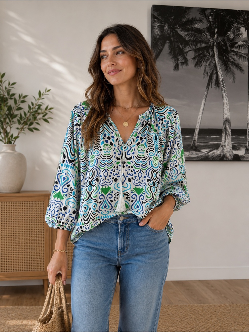 Calligraphy Peasant Linen Blouse Large